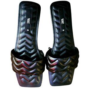 Zara Black Quilted Square Toe Slip-On Sandals Size 38